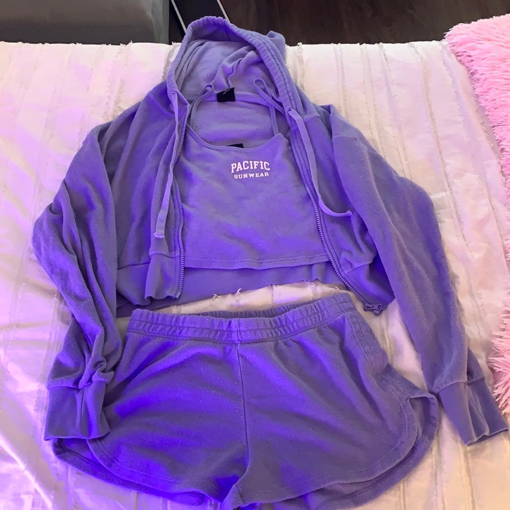 Pacsun Three Peice Terry Set With Jacket, Tank Top, and Shorts